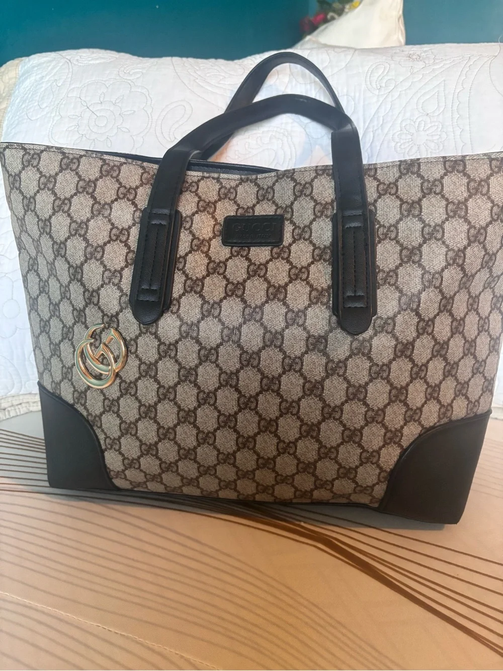 Inspired,Gucci Brown GG Canvas Duffel with Dark Brown Leather Trim